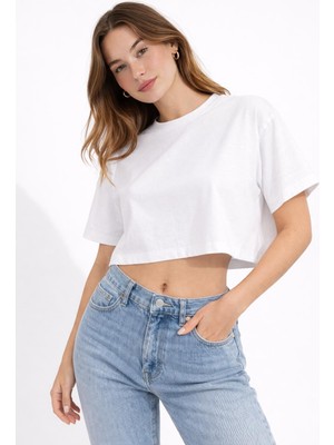 Mg Giyim Kadın Bisiklet Yaka Crop Tişört