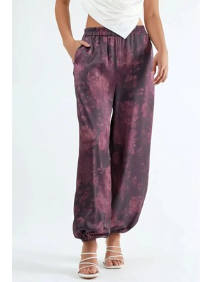 Hiccup Kadın Qu Style Desenli Baggy Fit Lastikli Paça Cepli Pantolon Bordo Kırmızı