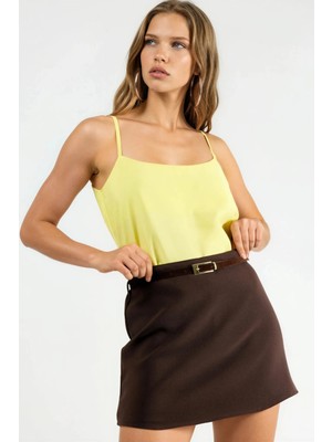 Hiccup Kadın Qu Style Kemerli Yüksek Bel Mini Etek Kahve Kahvesi