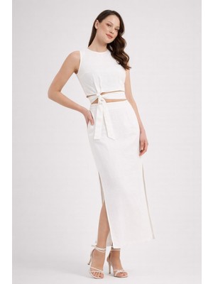 Mg Giyim Kadın Bağlama Detaylı Keten Kumaş Crop Etek Takım