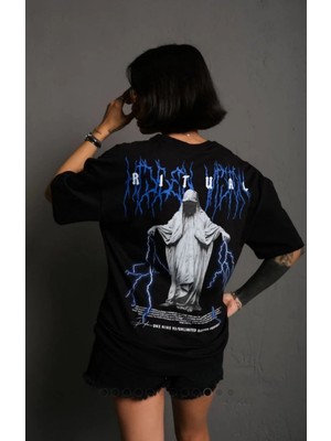 Pileli Store Kadın Bisiklet Yaka Baskılı Oversize  Kısa Kol T-Shirt - Siyah