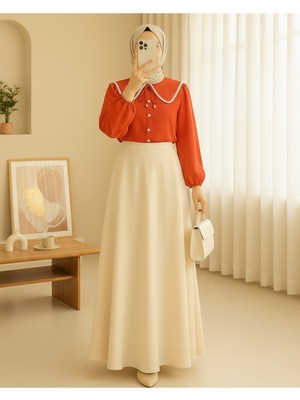 Modamorfo Bebe Yaka Dantelli Kolu Lastikli Gömlek   -Nar Çiçeği