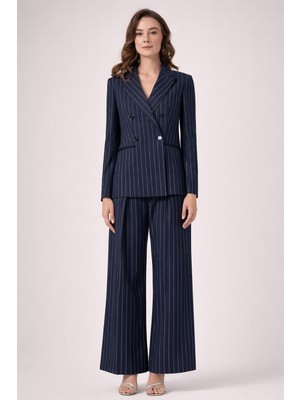 Mg Giyim Kadın Lacivert Çizgili Blazer Ceket Pantolon Takım