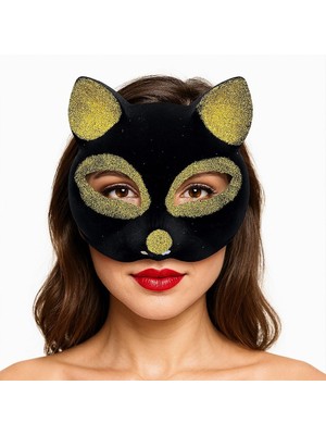 Kuzgun Ticaret Siyah Renk Gold Simli Süet Kaplama Kedi Maskesi 18X14 cm
