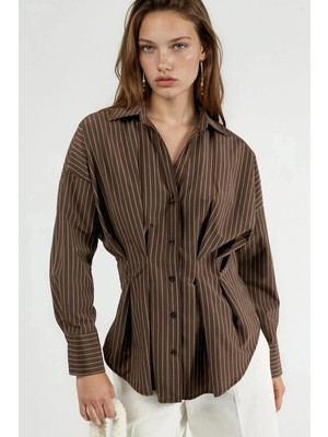 Hiccup Kadın Qu Style Çizgili Bele Oturan Gömlek Kahve Kahvesi