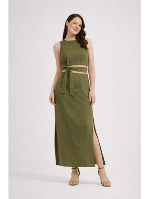 Mg Giyim Kadın Bağlama Detaylı Keten Kumaş Crop Etek Takım