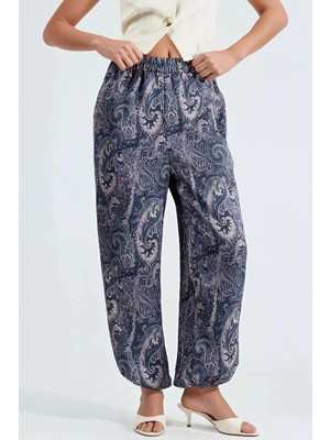 Hiccup Kadın Qu Style Desenli Baggy Fit Lastikli Paça Cepli Pantolon Lacivert