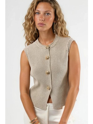 Hiccup Kadın Qu Style Düğme Detaylı Dokulu Bisiklet Yaka Triko Üst Taş Doğal