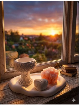 Doğal Modern Tasarım Dekoratif Obje Seti | Kalp Figürlü & Gül Detaylı 3’lü Sunum Seti