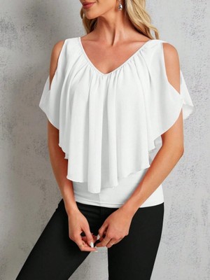 Hyem Kısa Kollu V Yakalı Omuzları Açık Salaş Şifon Bluz