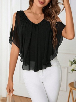 Hyem Kısa Kollu V Yakalı Omuzları Açık Salaş Şifon Bluz