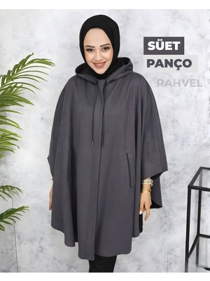 Asude Kapüşonlu Süet Panço Füme Renk