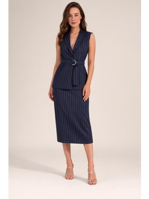 Mg Giyim Kadın Çizgili Yelek Kalem Etek Takım Kemer Detaylı