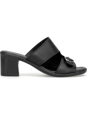 Ayakkabı Fuarı Elit KOC2222 Kadın Hakiki Deri Topuklu Terlik Siyah