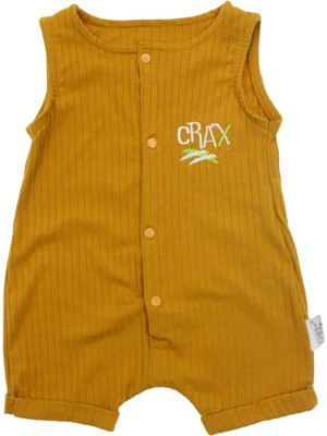 VİTASTORETR Hardal Renk Crax Yazılı Çıtçıtlı Yumaşak Kısa Bebek Tulumu