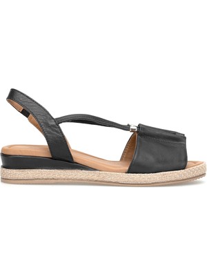 Ayakkabı Fuarı Elit ZYN1276 Kadın Hakiki Deri Düz Sandalet Siyah