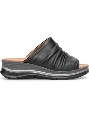 Ayakkabı Fuarı Elit ZYN4095 Kadın Hakiki Deri Düz Terlik Siyah