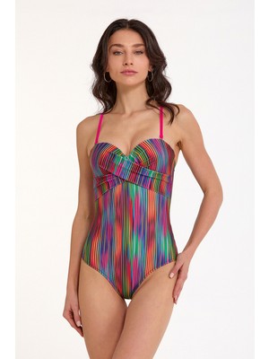 Argento Kadın Fuşya Çizgili Desenli Drapeli Balenli Kaplı Straplez Mayo