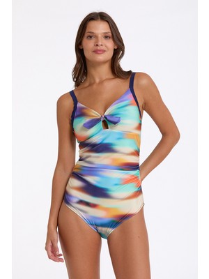 Argento  Kadın Mavi Batik Desenli Ince Kaplı Fiyong Detaylı Üçgen Mayo