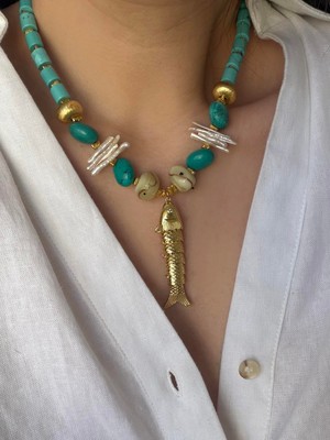 Venüs Design Çelik Turkuaz Taşı Inci Balık Kolye