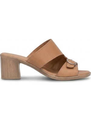 Ayakkabı Fuarı Elit KOC2222 Kadın Hakiki Deri Topuklu Terlik Taba