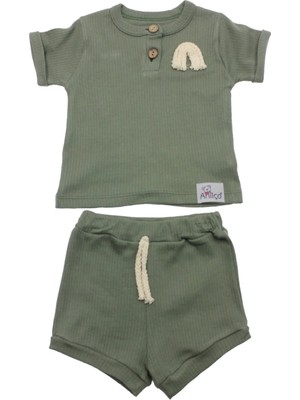 VİTASTORETR Haki Düğmeli Kısa Kollu Şortlu Pamuklu Penye 2 Li Bebek Takımı