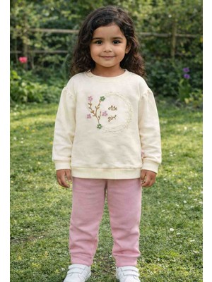 Vovido Çiçek Nakışlı Kız Çocuk Eşofman Takımı – Pamuklu Krem Sweatshirt & Pembe Alt Takım