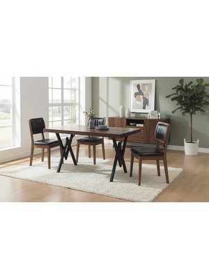 Vetro Wood Kütük Yemek Masası Takımı 200X90 cm Doğal Ceviz Kaplama Metal Ayak 6 Adet Sandalyeli