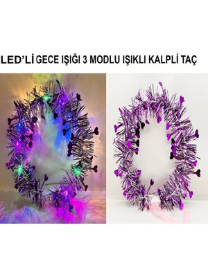 Magicool Kalp Püsküllü Gece Parıltısı 3 Modlu LED39LI Işıklı Taç Mor Renk