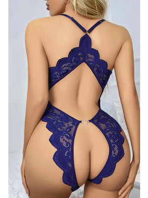 Mulvxbrf BRF02 Mavi Özel Bölgesi Açık Dantel Işlemeli  Body (Mulvix)