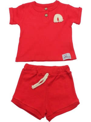 VİTASTORETR Kırmızı Düğmeli Kısa Kollu Şortlu Pamuklu Penye 2 Li Bebek Takımı