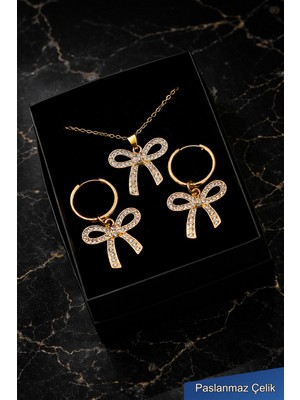 Trend Collection Zirkon Taşlı Fiyonk Çelik Kolye Küpe Seti – Kadın Gold Takı Seti