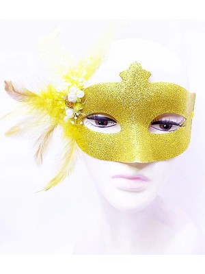 Kuzgun Ticaret Sim Işlemeli Inci Boncuk Detaylı Tüylü Balo Maskesi Altın Renk 13X18 cm