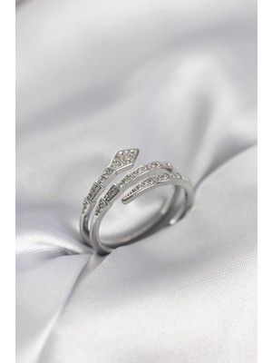 Net Damla Yılan Model Gümüş Renk Zirkon Taşlı Kadın Yüzük - Lisinya