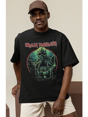 Sevbano Tasarım Iron Maiden Rock Metal Müzik Grubu Baskılı Unisex Oversize Tişört