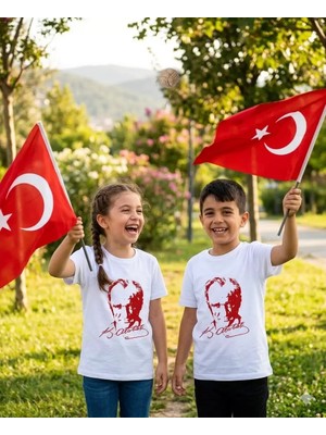 Alme ATATÜRK BASKILI BEYAZ ÇOCUK TİŞÖRT - UNISEX KALIP %100 PAMUK (Bir beden büyük önerilir)