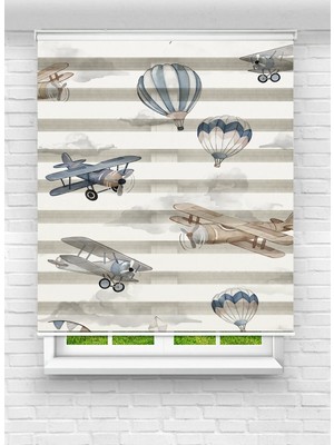 Enzo Home Uçak ve Balon Desenli Baskılı Zebra Stor Perde – Erkek Çocuk Odası Dekoratif Zebra Perde