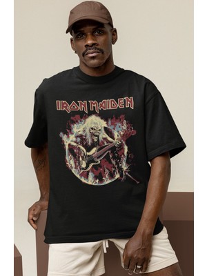 Sevbano Tasarım Iron Maiden Rock Metal Müzik Grubu Baskılı Unisex Oversize Tişört