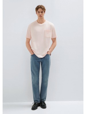 Mavi Cep Detaylı Pembe Tişört 066248-91467