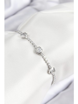 SHC4200 Mey Ithalat® Pirinç Zirkon Taşlı Sıralı Model Gümüş Renk Asansörlü Kadın Bileklik