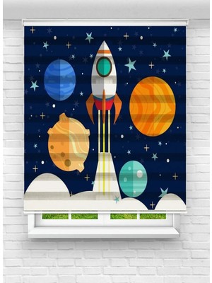 Enzo Home Uzay Roket ve Gezegen Desenli Baskılı Zebra Stor Perde – Çocuk Odası Dekoratif Zebra Perde