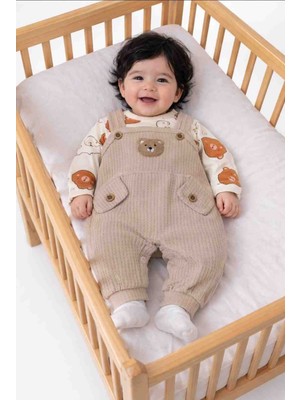 Nafitto Ayıcık Nakışlı Müslin Bebek Salopet Takım – Pamuklu Uzun Kollu Bebek Kombini