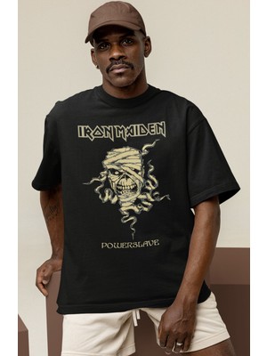 Sevbano Tasarım Iron Maiden Powerslave Rock Metal Müzik Grubu Baskılı Unisex Oversize Tişört