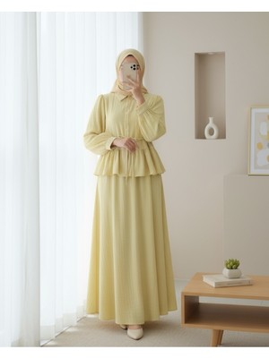 Modamorfo Eteği Fırfırlı Düğmeli Beli Bağcıklı Etekli Takım -Sarı