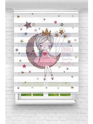 Enzo Home Prenses ve Ay Desenli Baskılı Zebra Stor Perde – Kız Çocuk Odası Dekoratif Zebra Perde