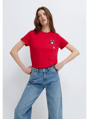 Mavi Kedi Baskılı Kırmızı Tişört 1613723-70935