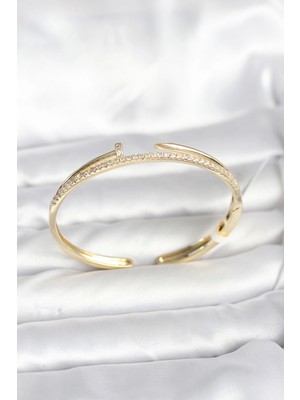 SHC4200 Mey Ithalat® Pirinç Gold Renk Zirkon Taşlı Çivi Model Kadın Kelepçe Bileklik