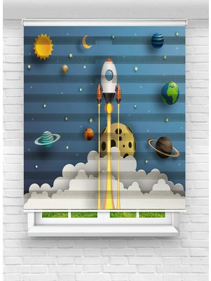 Enzo Home Uzay Roket Desenli Baskılı Zebra Stor Perde – Çocuk Odası Dekoratif Zebra Perde