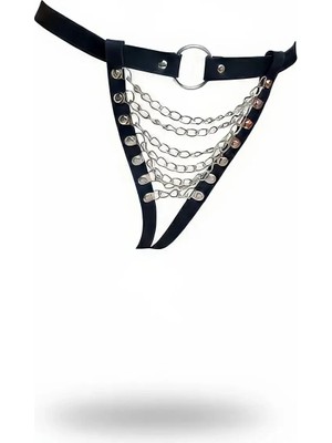 Beruflic Siyah Tanga - Külot Suni Deri Zincir Detaylı Halka Aksesuarlı - BRF1278