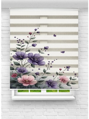 Enzo Home Mor Çiçek Desenli Baskılı Zebra Stor Perde – Modern Dekoratif Zebra Perde